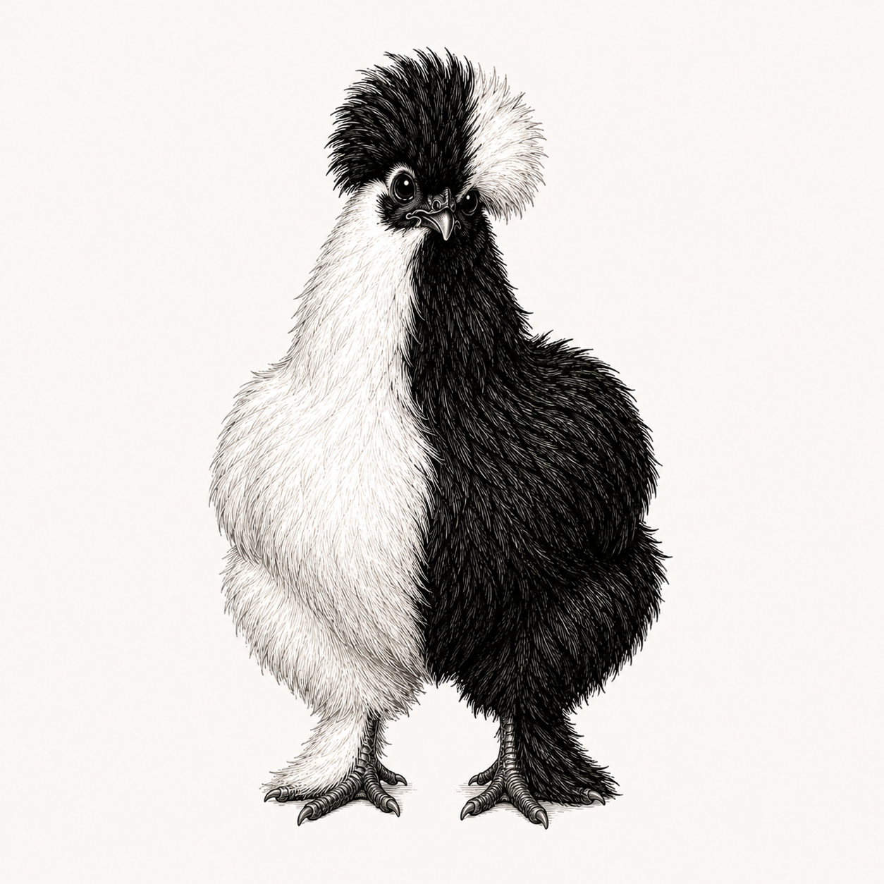 A black-and-white Silkie chicken, the goblin-slurp mascot